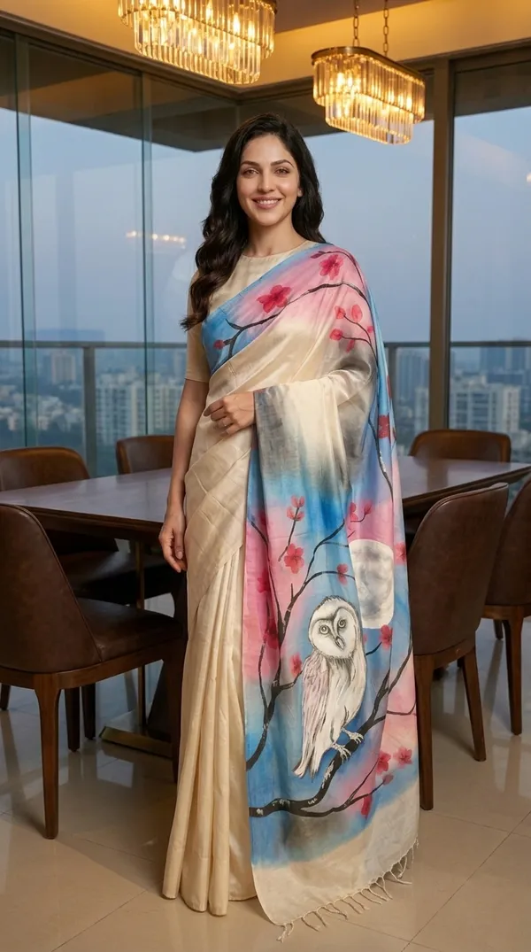 Adibani_Moon_Blossom_Owl_Ivory_Pink_Cotton_Hand-Painted_Saree_-_Pallu_Canvas_Collection