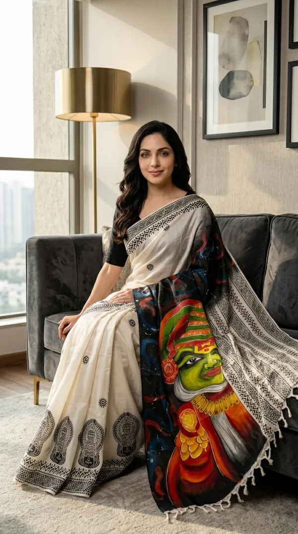 Adibani_Kathakali_Aura_Ivory_Black_Cotton_Hand-Painted_Saree_-_Pallu_Canvas_Collection
