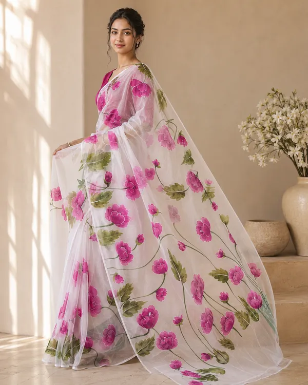 Adibani_Royal_Bloom_White_And_Magenta_Organza_Hand-Painted_Sarees_-_Aranya_Collection