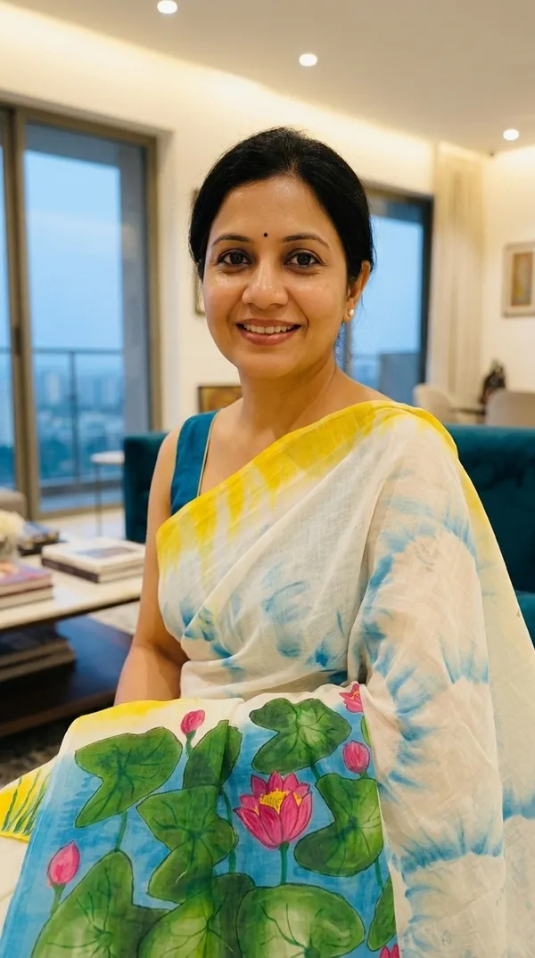 Adibani_Neel_Sarovar_White_Blue_Cotton_Hand-Painted_Saree_-_Pallu_Canvas_Collection