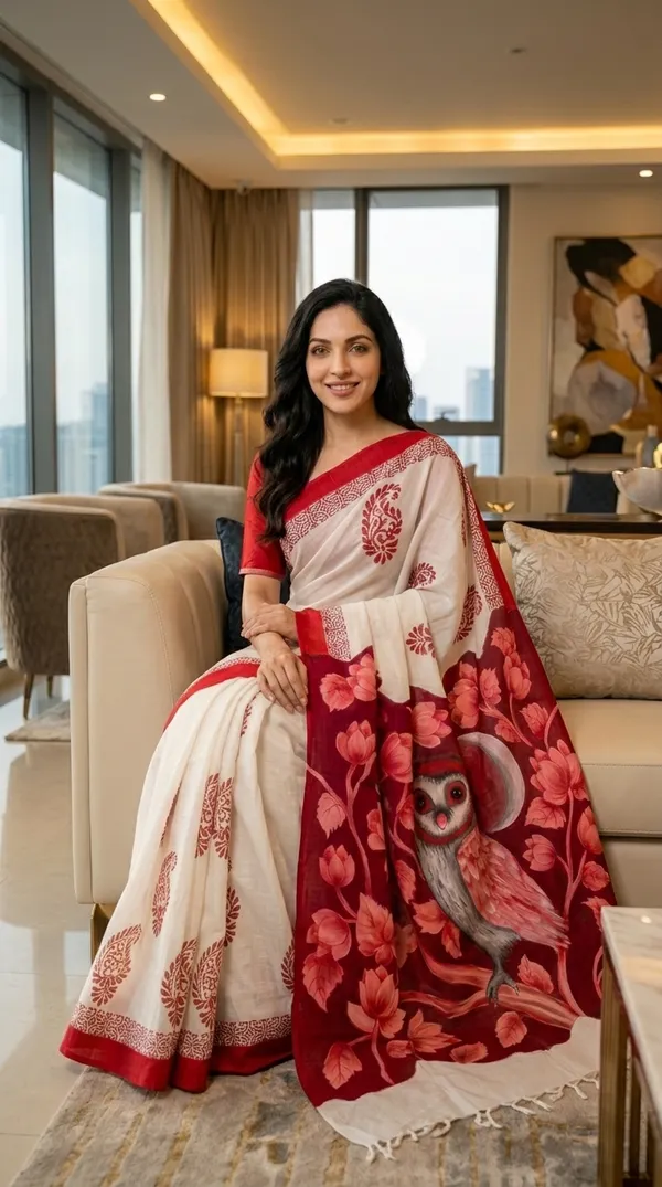 Adibani_Crimson_Moon_Owl_White_Red_Cotton_Hand-Painted_Saree_-_Pallu_Canvas_Collection