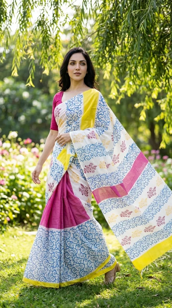 Pink_Blue_And_Yellow_Basant_Jaal_From_Rangavali_Collection_-_Block_Printed_Sarees_By_Adibani
