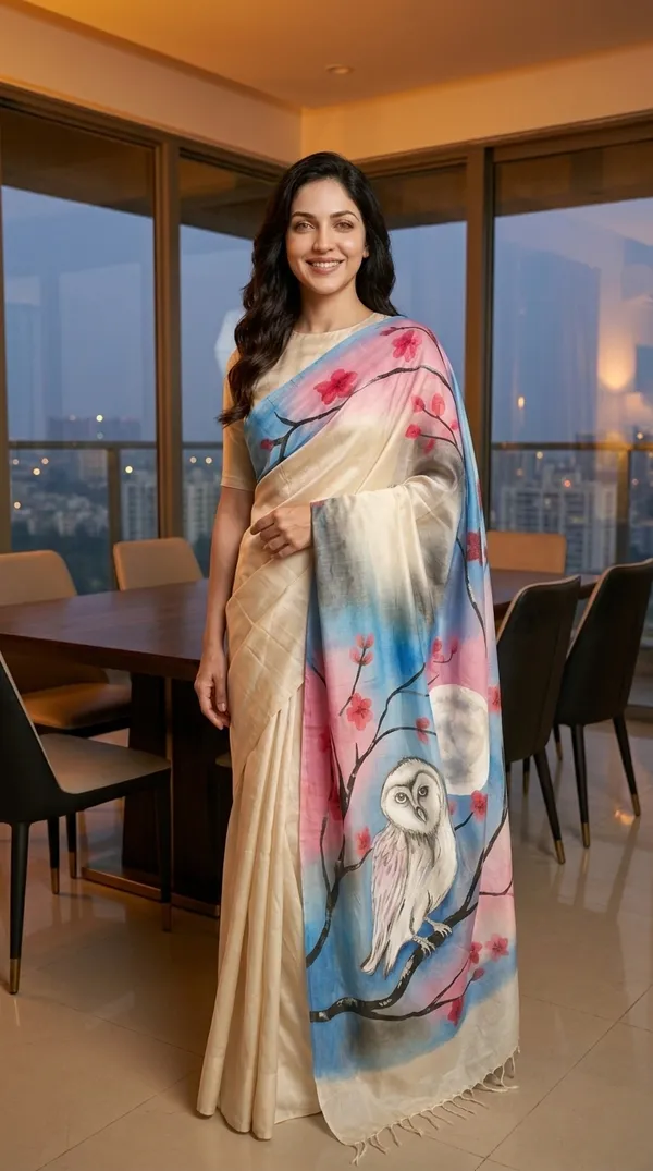 Adibani_Moon_Blossom_Owl_Ivory_Pink_Cotton_Hand-Painted_Saree_-_Pallu_Canvas_Collection