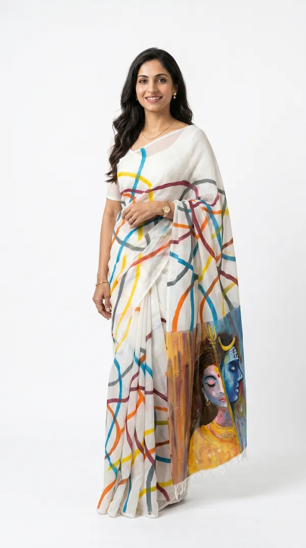 Adibani_Divine_Harmony_White_Multicolor_Cotton_Hand-Painted_Saree_-_Pallu_Canvas_Collection