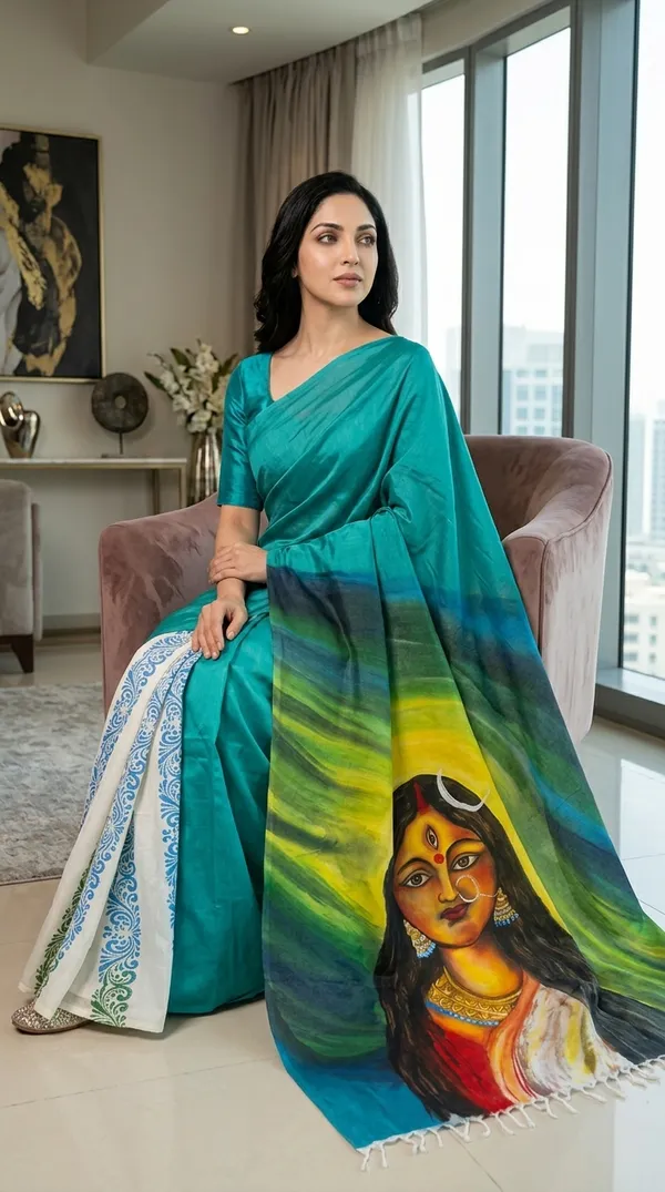 Adibani_Nayika_Glow_Teal_Cotton_Hand-Painted_Saree_-_Pallu_Canvas_Collection