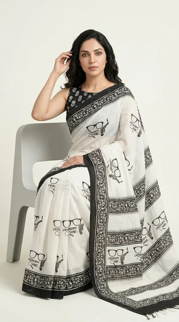 White_Black_Detective_Byomkesh_From_Rangavali_Collection_-_Block_Printed_Cotton_Sarees_By_Adibani