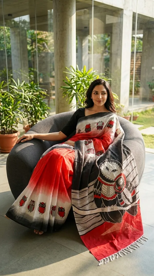 Adibani_Crimson_Moon_Owl_Red_And_Black_Cotton_Hand-Painted_Saree_-_Pallu_Canvas_Collection