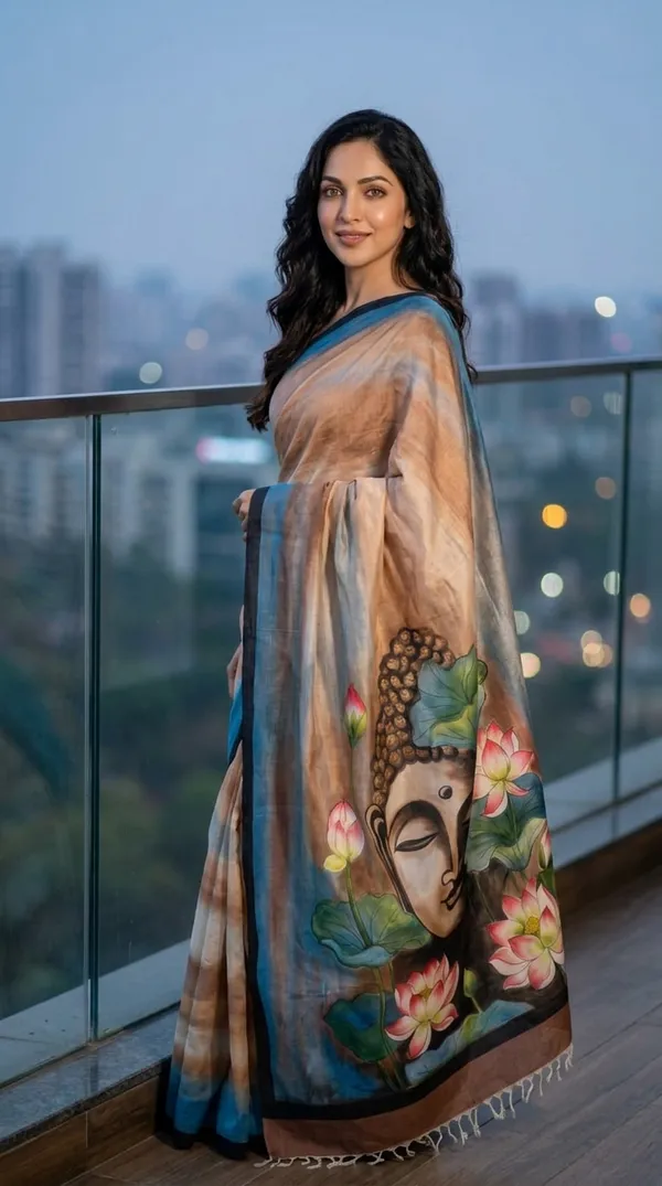 Adibani_Bodhi_Bloom_Brown_Blue_Cotton_Hand-Painted_Saree_-_Pallu_Canvas_Collection