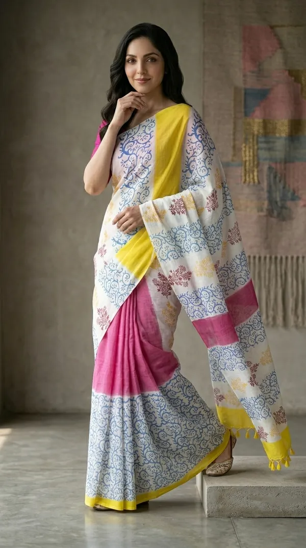 Pink_Blue_And_Yellow_Basant_Jaal_From_Rangavali_Collection_-_Block_Printed_Sarees_By_Adibani