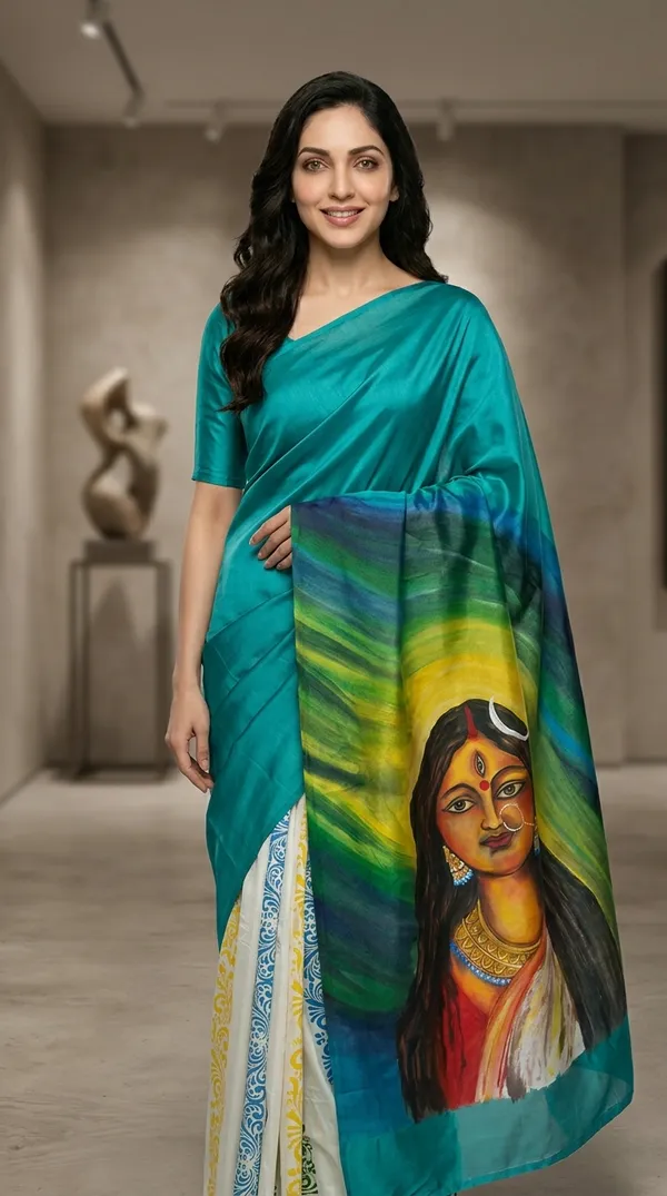 Adibani_Nayika_Glow_Teal_Cotton_Hand-Painted_Saree_-_Pallu_Canvas_Collection