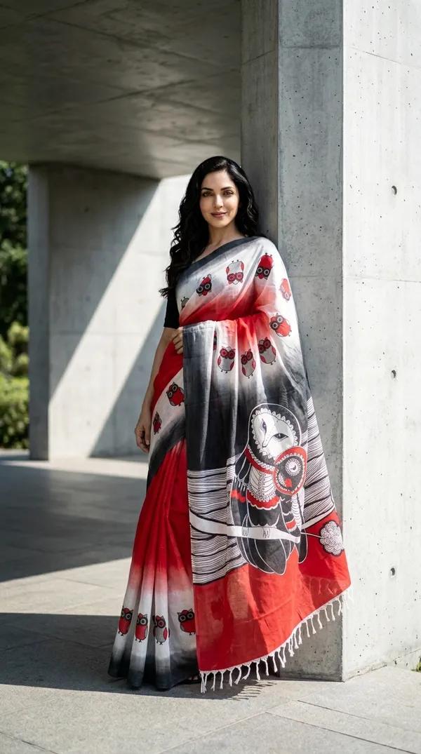 Adibani_Crimson_Moon_Owl_Red_And_Black_Cotton_Hand-Painted_Saree_-_Pallu_Canvas_Collection