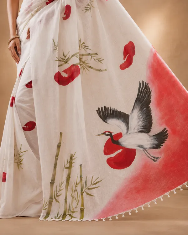 Adibani_Crane_Reverie_White_Red_Cotton_Hand-Painted_Saree_-_Pallu_Canvas_Collection