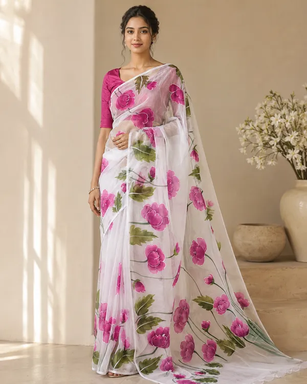 Adibani_Royal_Bloom_White_And_Magenta_Organza_Hand-Painted_Sarees_-_Aranya_Collection