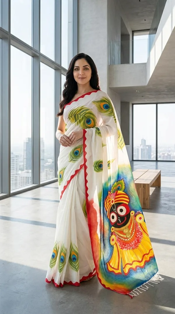 Adibani_Shree_Jagannath_White_Cotton_Hand-Painted_Saree_-_Pallu_Canvas_Collection