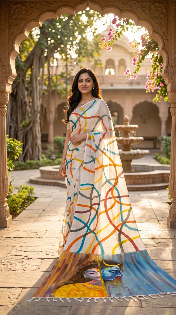 Adibani_Divine_Harmony_White_Multicolor_Cotton_Hand-Painted_Saree_-_Pallu_Canvas_Collection