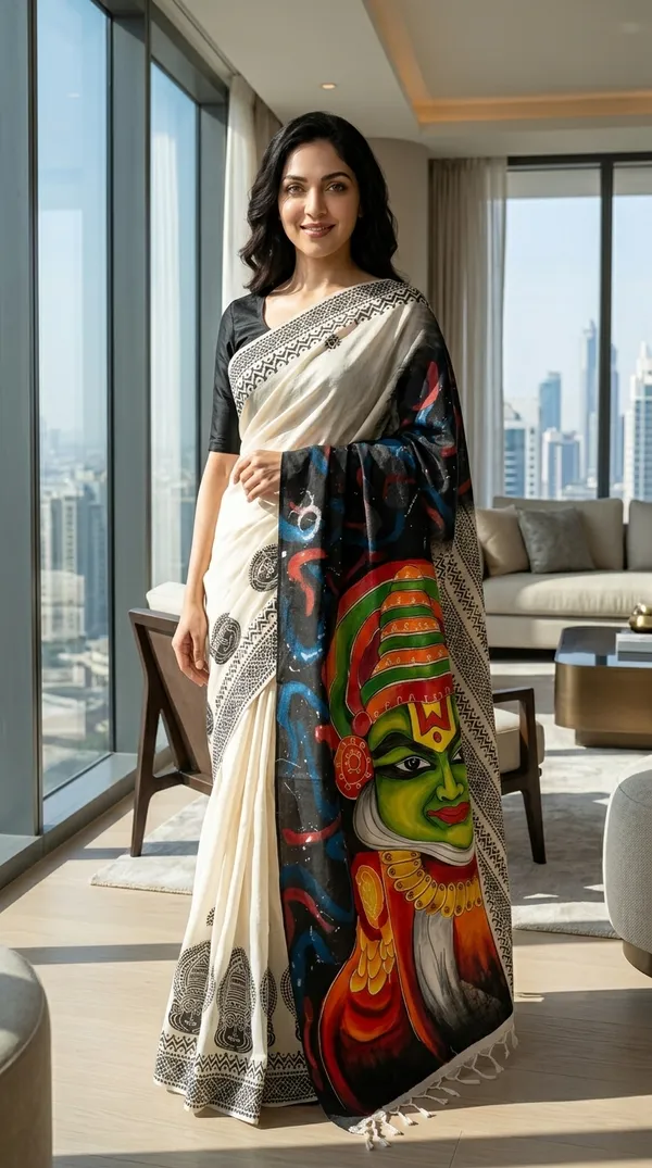 Adibani_Kathakali_Aura_Ivory_Black_Cotton_Hand-Painted_Saree_-_Pallu_Canvas_Collection