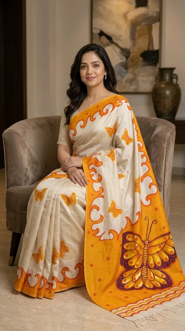 Adibani_Basanti_Titli_White_Yellow_Cotton_Hand-Painted_Saree_-_Pallu_Canvas_Collection