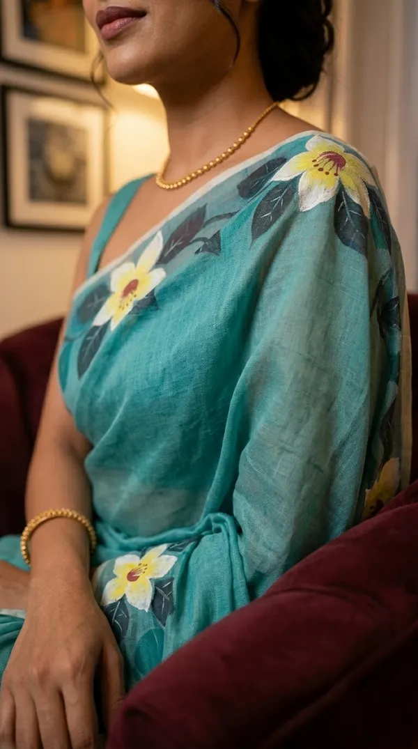 Aqua_Cotton_Floral_Hand-Painted_Saree_For_Women