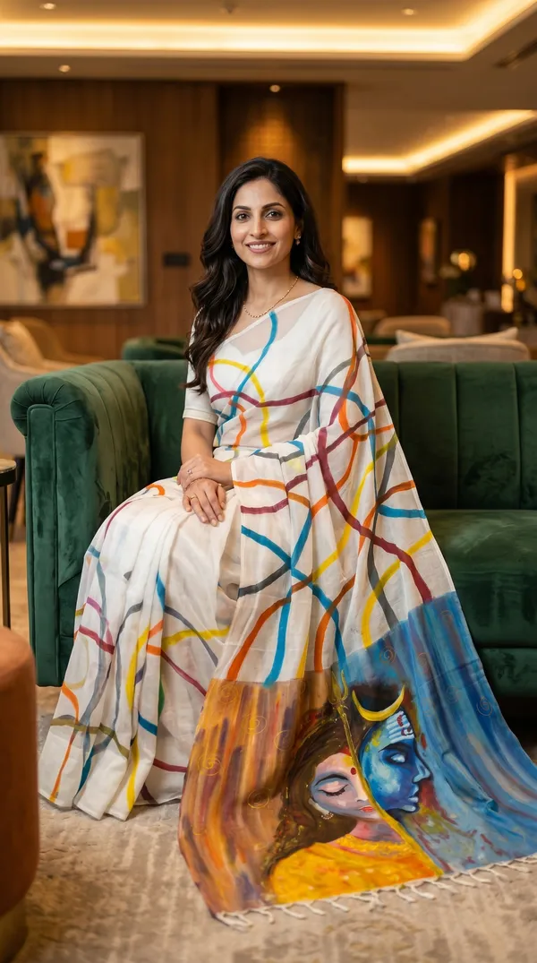 Adibani_Divine_Harmony_White_Multicolor_Cotton_Hand-Painted_Saree_-_Pallu_Canvas_Collection