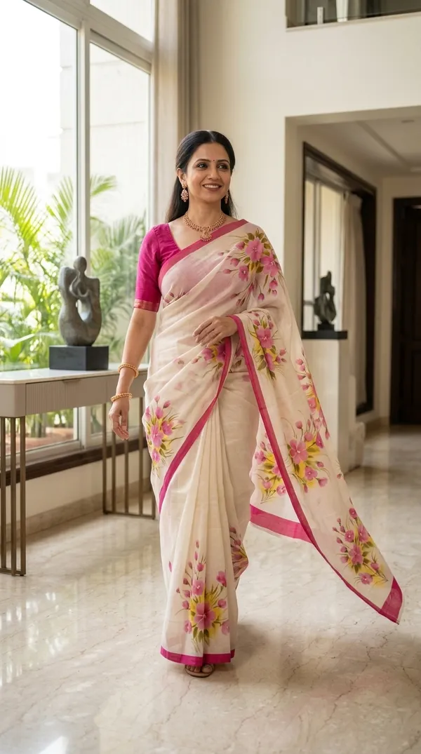 White_Cotton_Hand-Painted_Floral_Saree_For_Women