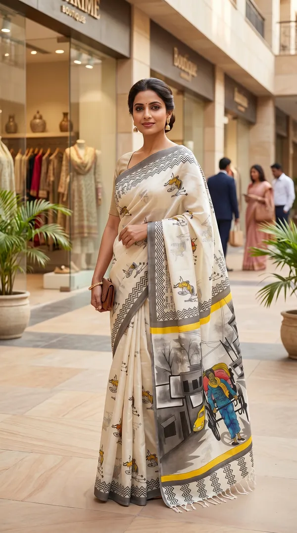 Adibani_City_Tales_Ivory_Yellow_Cotton_Hand-Painted_Saree_-_Pallu_Canvas_Collection
