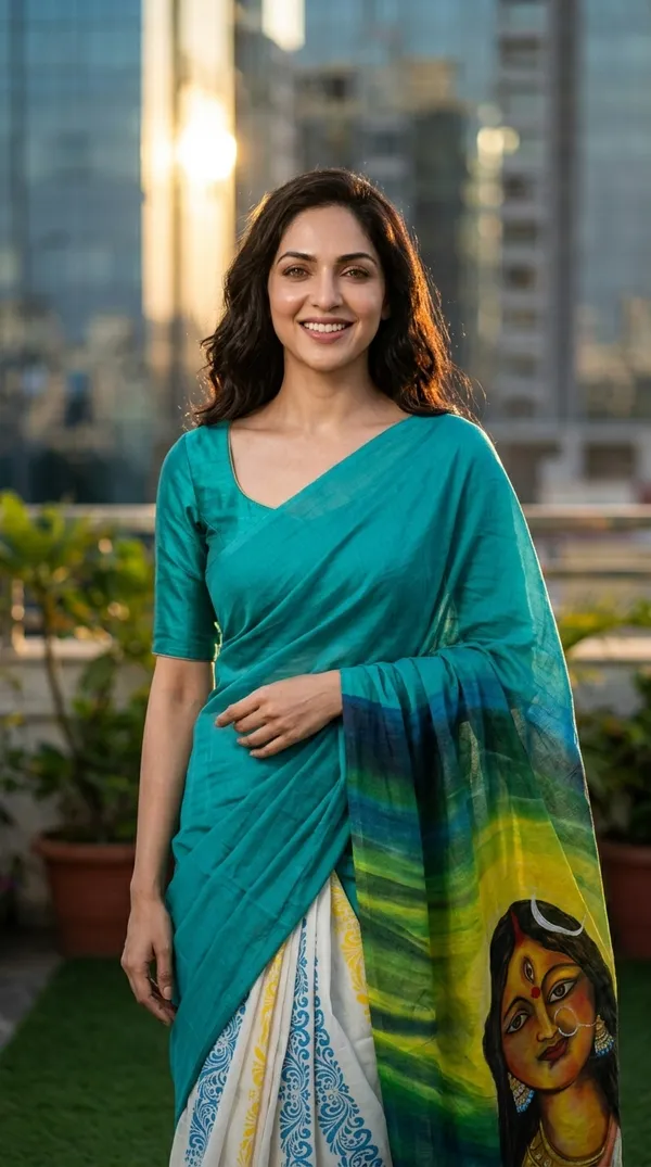 Adibani_Nayika_Glow_Teal_Cotton_Hand-Painted_Saree_-_Pallu_Canvas_Collection
