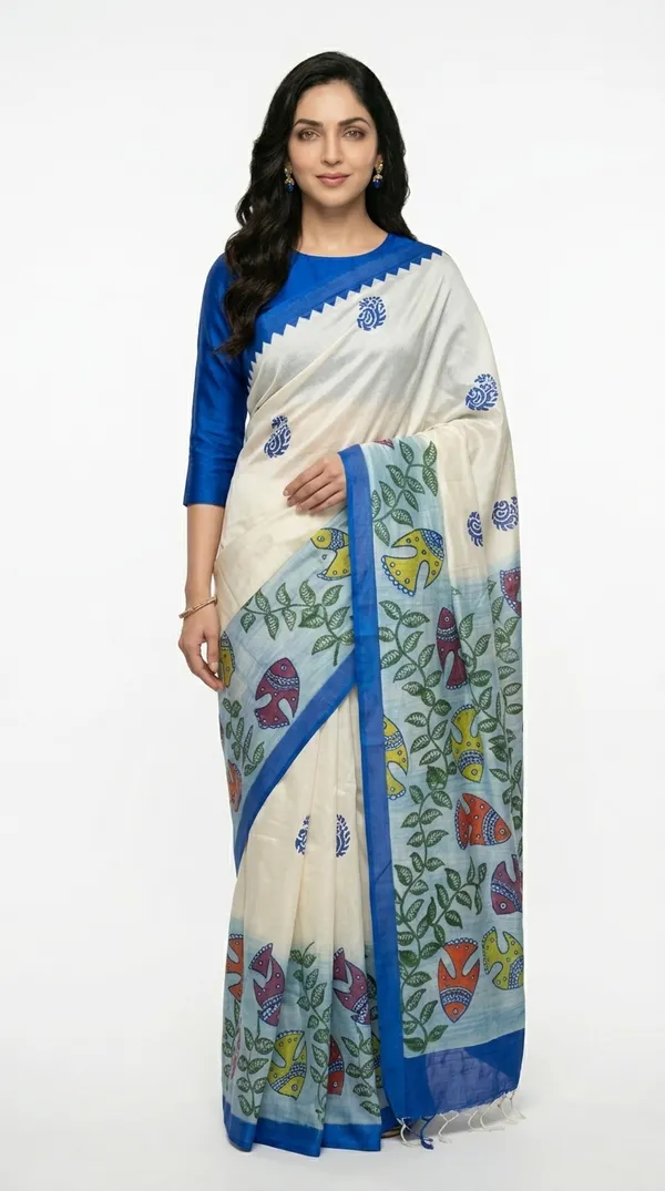 Cream_And_Blue_Matsya_Valli_From_Rangavali_Collection_-_Block_Printed_Sarees_By_Adibani