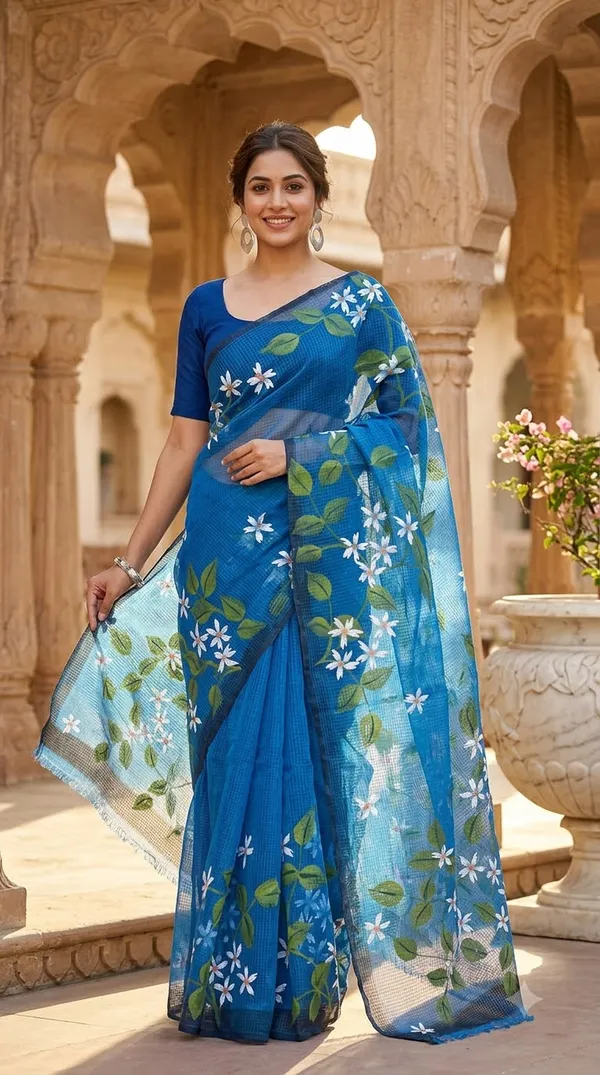 Jasmine_Vine_-_Azure_from_Phulwari_Collection_-_Cotton_Hand-Painted_Sarees_by_Adibani