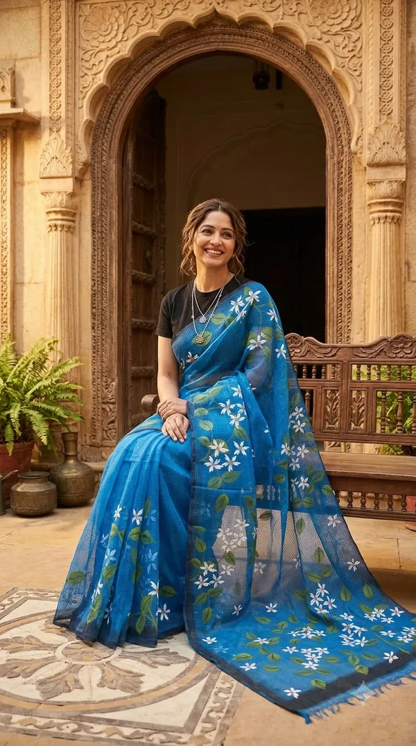 Jasmine_Vine_-_Azure_from_Phulwari_Collection_-_Cotton_Hand-Painted_Sarees_by_Adibani