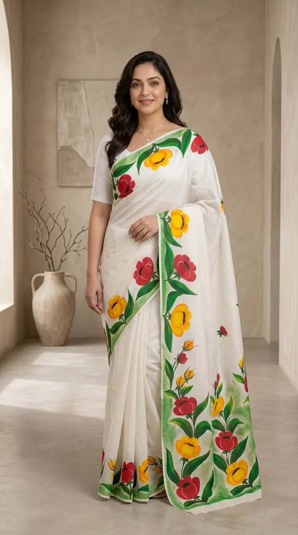 White_Floral_Hand-Painted_Saree_For_Women