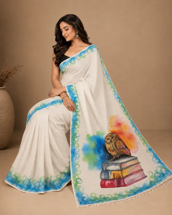Adibani_Bodhi_Owl_White_Blue_Cotton_Hand-Painted_Saree_-_Pallu_Canvas_Collection