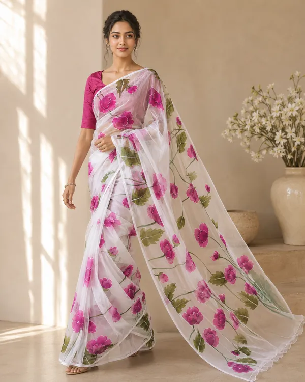 Adibani_Royal_Bloom_White_And_Magenta_Organza_Hand-Painted_Sarees_-_Aranya_Collection