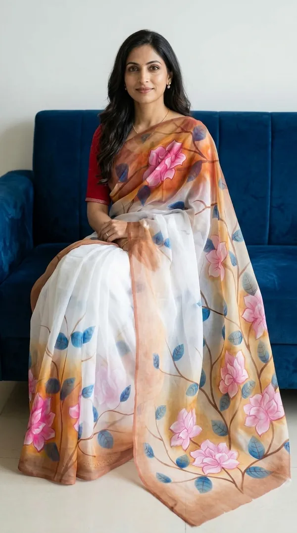 Gulmohar_Blush_Organza_From_Aranya_Collection_(Floral)_Hand-Painted_Wearable_Art_By_Adibani