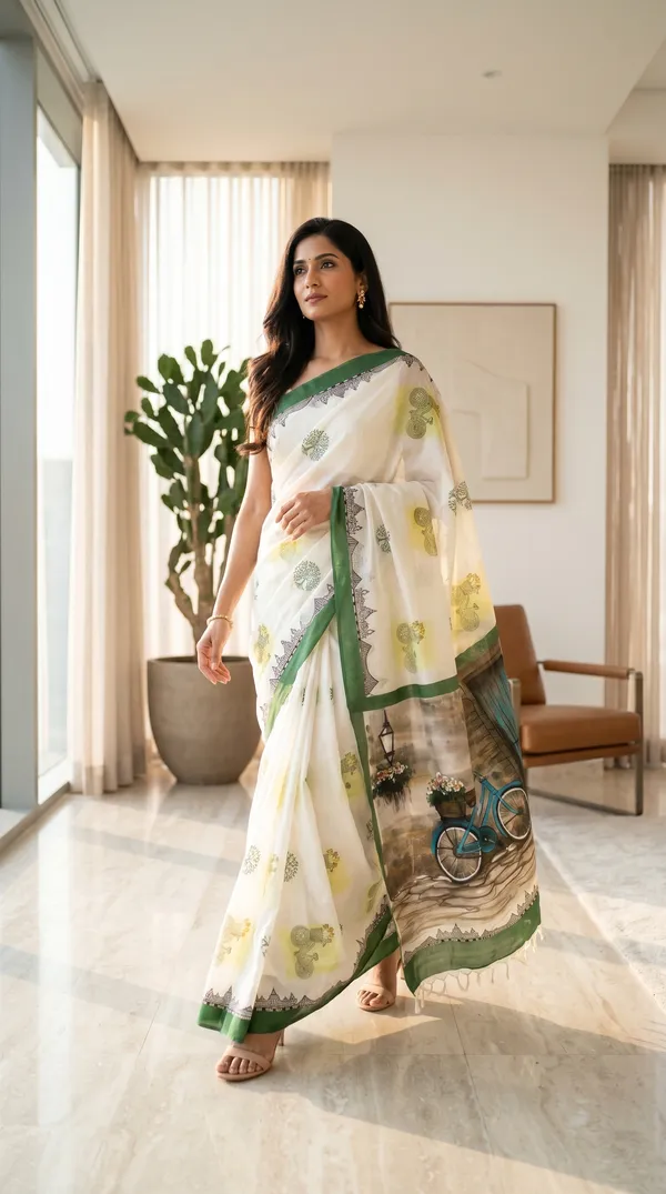 Adibani_Cycle_Lane_Story_Ivory_Green_Cotton_Hand-Painted_Saree_-_Pallu_Canvas_Collection