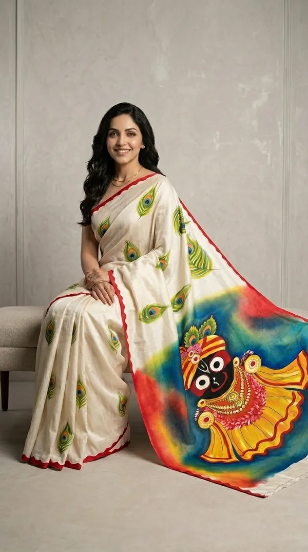 Adibani_Shree_Jagannath_White_Cotton_Hand-Painted_Saree_-_Pallu_Canvas_Collection