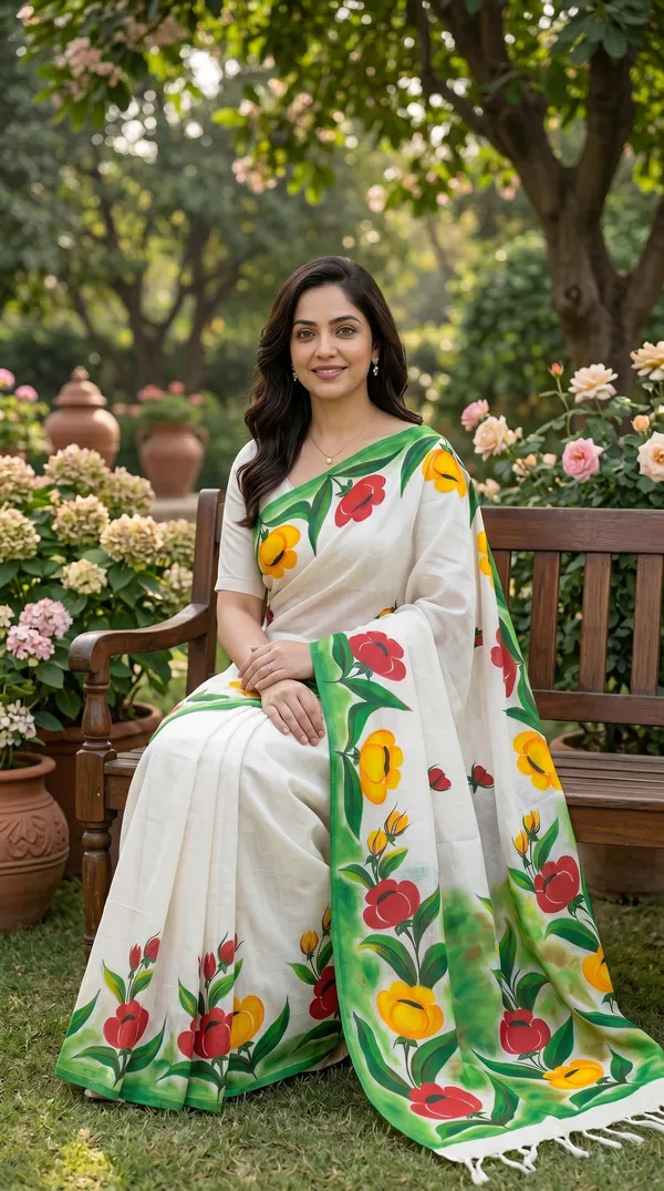 White_Floral_Hand-Painted_Saree_For_Women