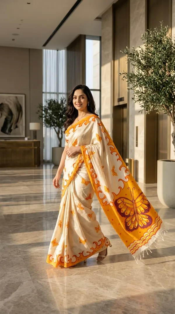 Adibani_Basanti_Titli_White_Yellow_Cotton_Hand-Painted_Saree_-_Pallu_Canvas_Collection