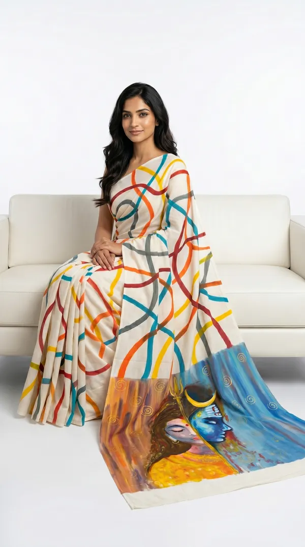 Adibani_Divine_Harmony_White_Multicolor_Cotton_Hand-Painted_Saree_-_Pallu_Canvas_Collection