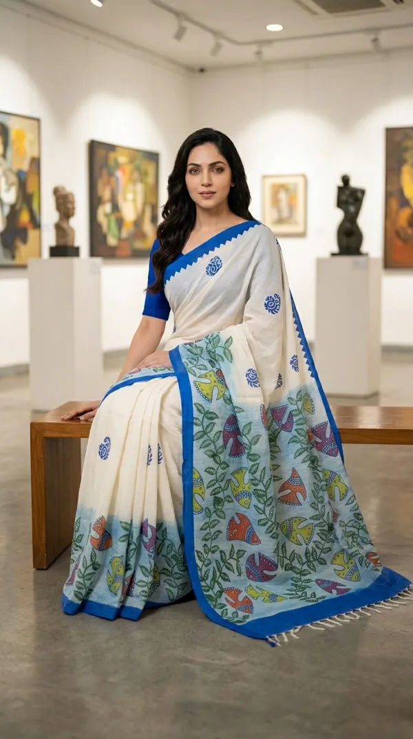 Cream_And_Blue_Matsya_Valli_From_Rangavali_Collection_-_Block_Printed_Sarees_By_Adibani