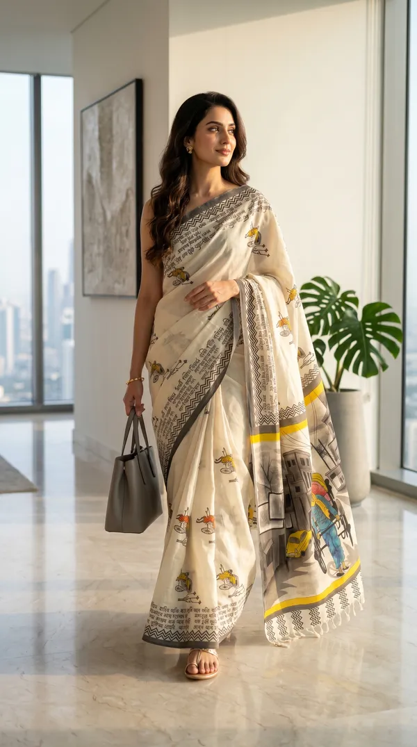 Adibani_City_Tales_Ivory_Yellow_Cotton_Hand-Painted_Saree_-_Pallu_Canvas_Collection