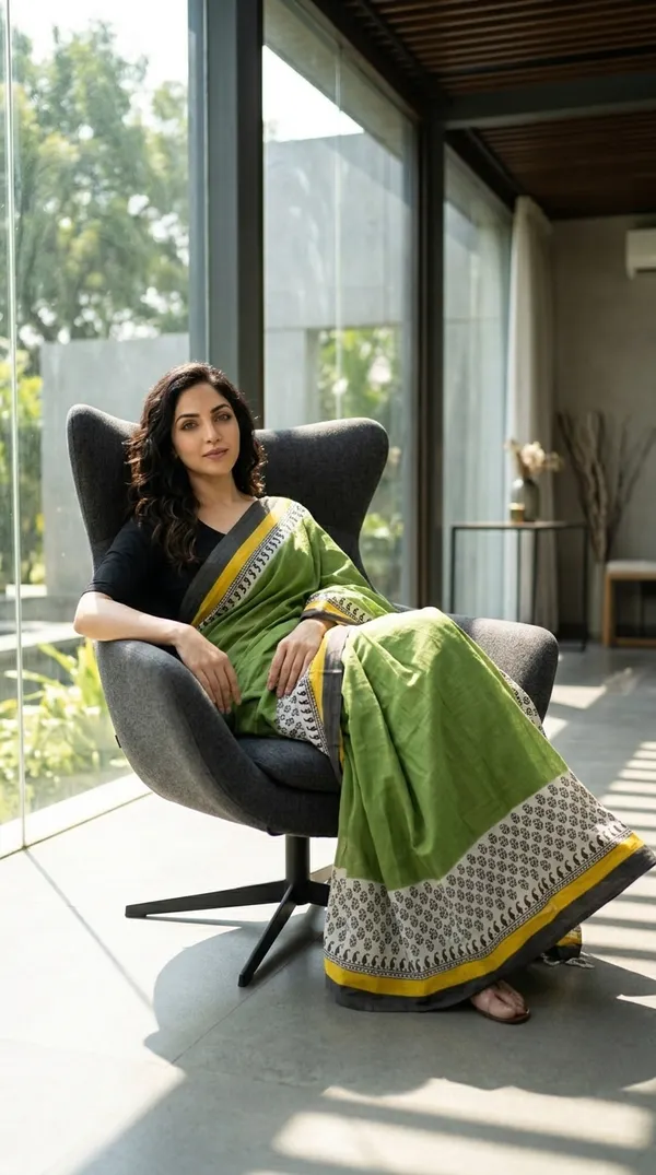 Olive_Green_Harit_Rekha_From_Rangavali_Collection_-_Block_Printed_Sarees_By_Adibani
