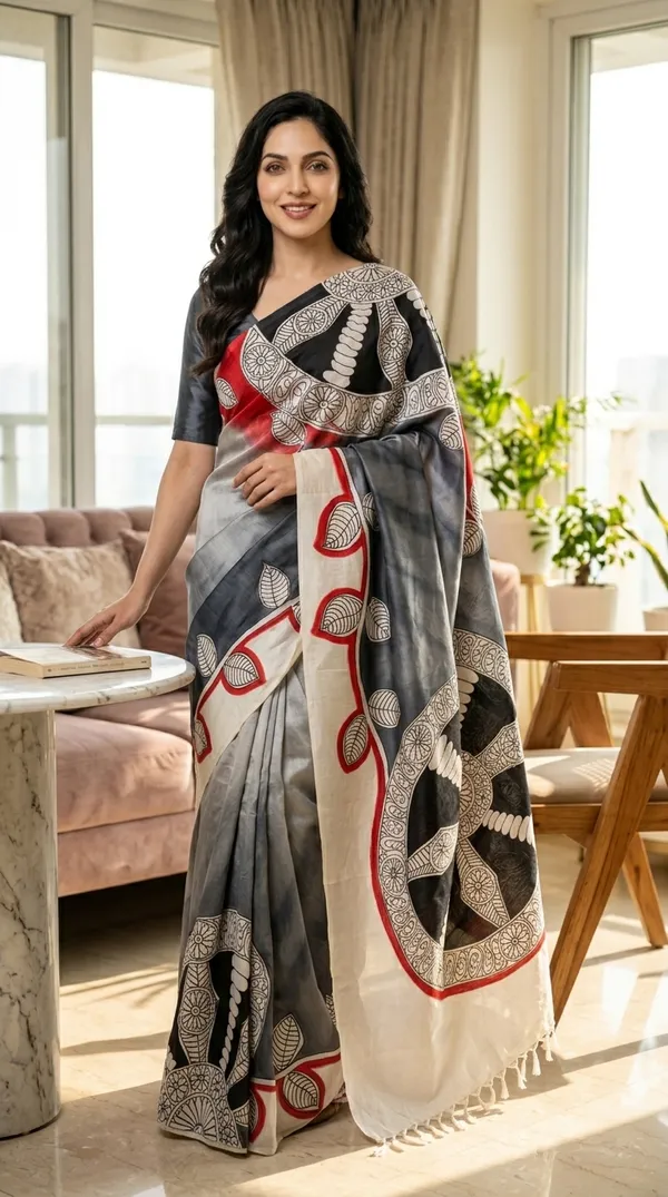Adibani_Chakra_Rekha_Grey_And_Black_Cotton_Hand-Painted_Saree_-_Pallu_Canvas_Collection