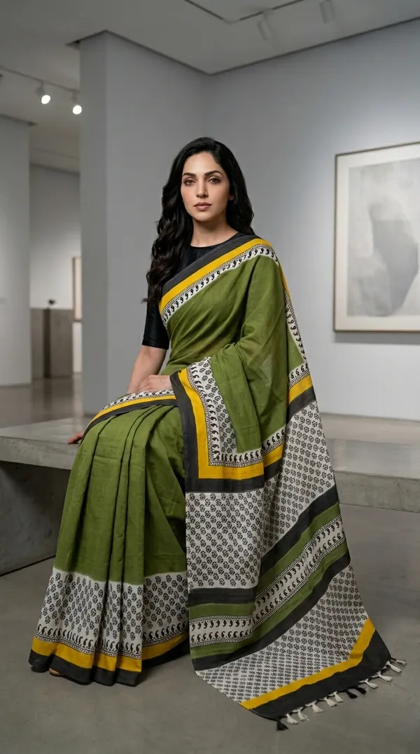 Olive_Green_Harit_Rekha_From_Rangavali_Collection_-_Block_Printed_Sarees_By_Adibani