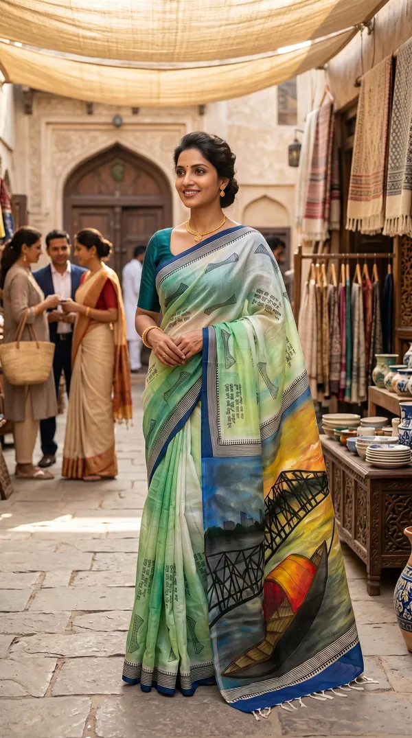 Adibani_Howrah_Reverie_Mint_Green_Cotton_Hand-Painted_Saree_-_Pallu_Canvas_Collection