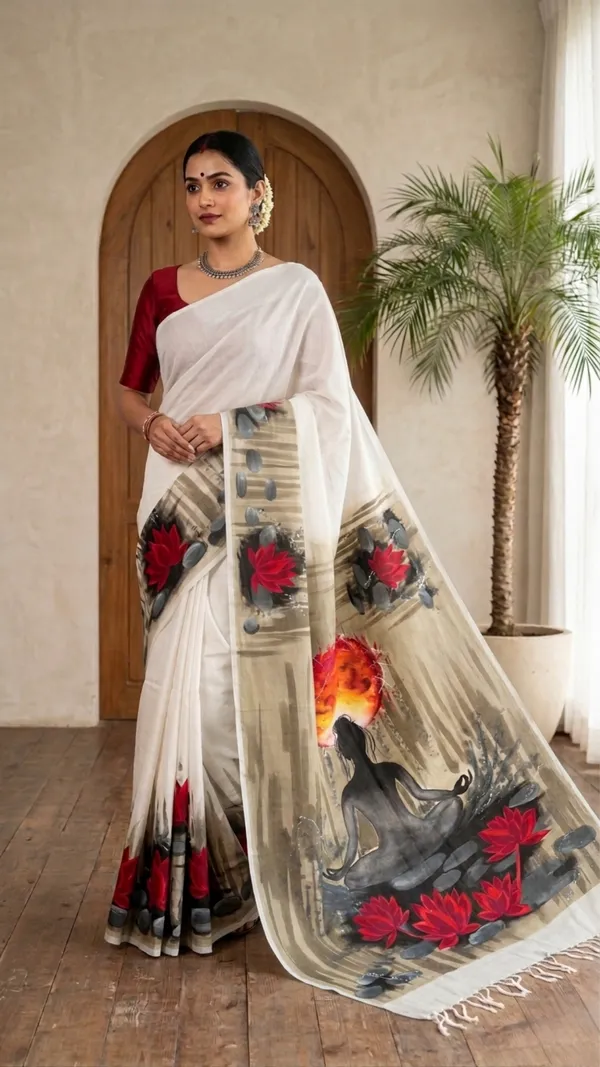 Adibani_Shiv_Dhyaan_White_Cotton_Hand-Painted_Saree_-_Pallu_Canvas_Collection
