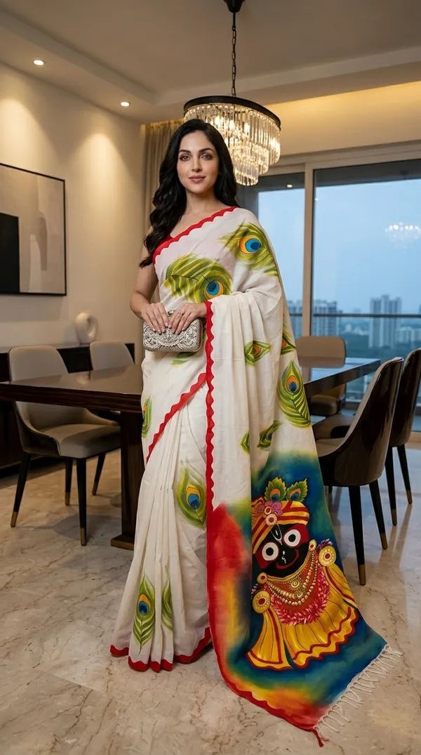 Adibani_Shree_Jagannath_White_Cotton_Hand-Painted_Saree_-_Pallu_Canvas_Collection