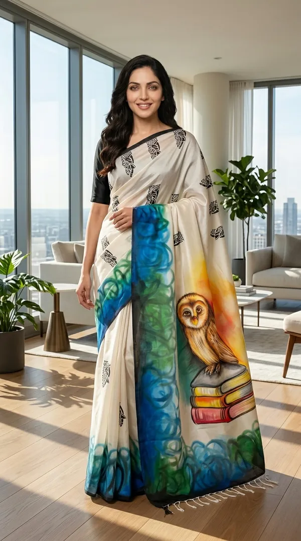 Adibani_Scholar_Owl_Ivory_Blue_Cotton_Hand-Painted_Saree_-_Pallu_Canvas_Collection
