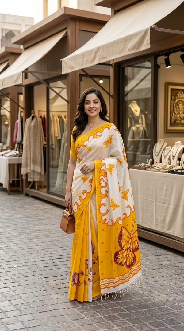 Adibani_Basanti_Titli_White_Yellow_Cotton_Hand-Painted_Saree_-_Pallu_Canvas_Collection