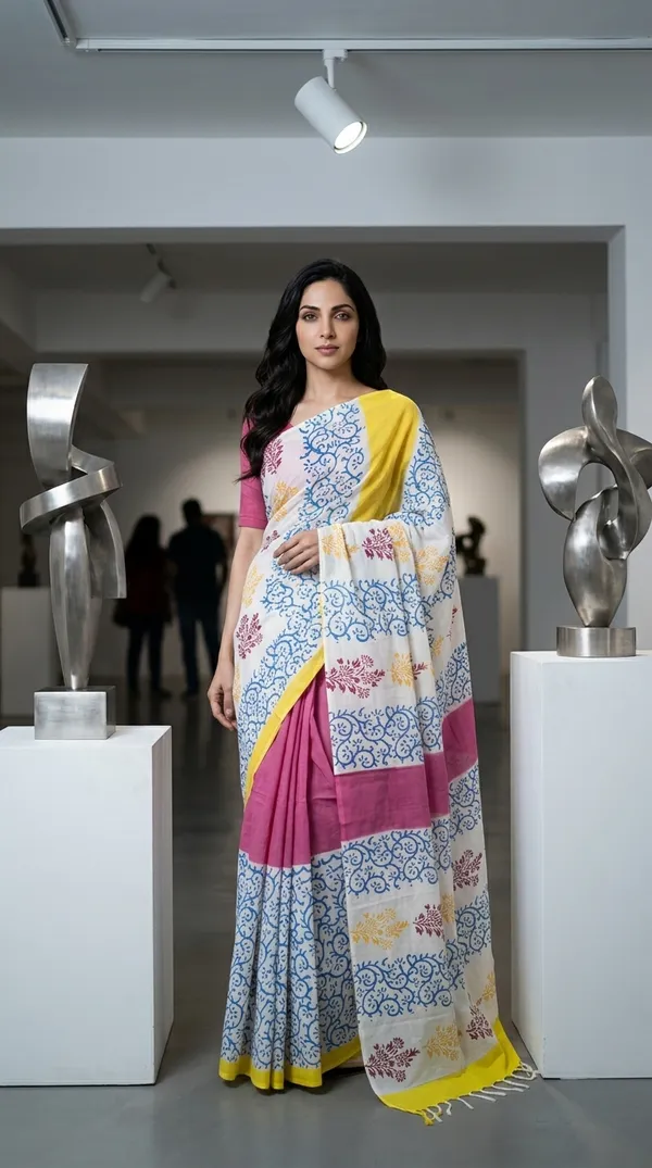 Pink_Blue_And_Yellow_Basant_Jaal_From_Rangavali_Collection_-_Block_Printed_Sarees_By_Adibani