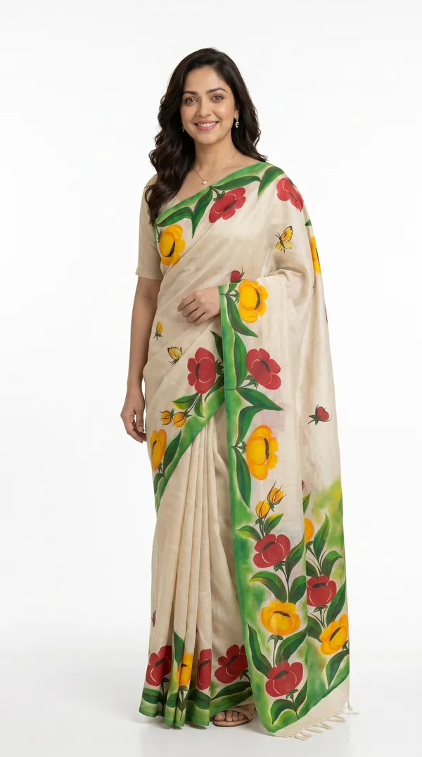 White_Floral_Hand-Painted_Saree_For_Women